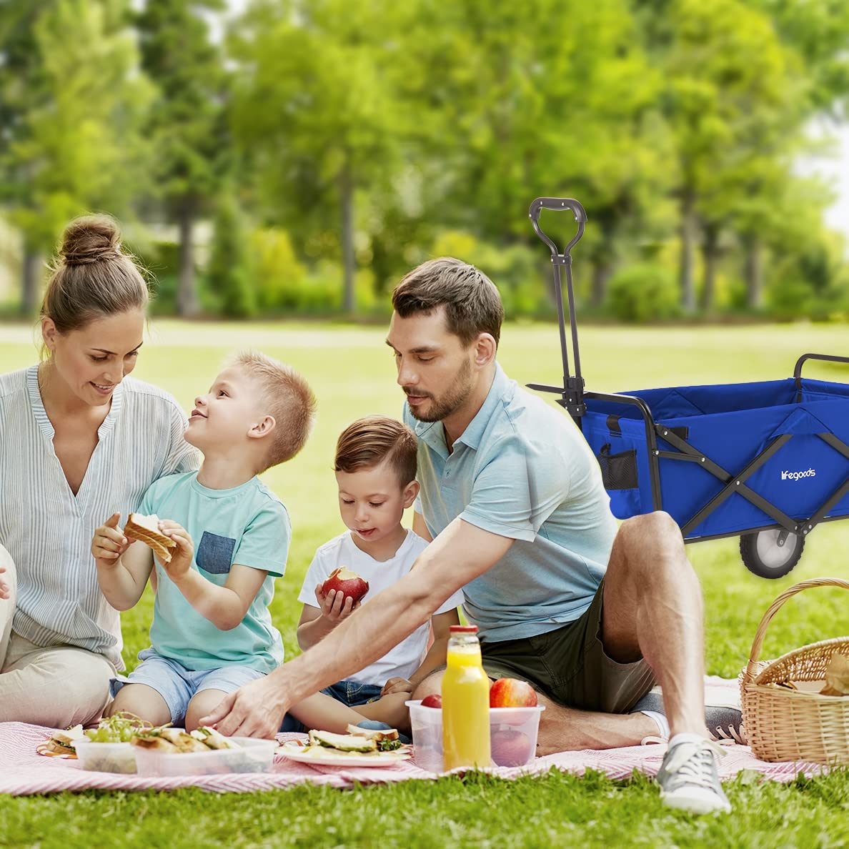 LifeGoods Carro Playa Ruedas Grandes - Carrito Plegable - Jardin - Ruedas Giratorias - 2 Soportes - Capacidad De Carga 70KG - Azul