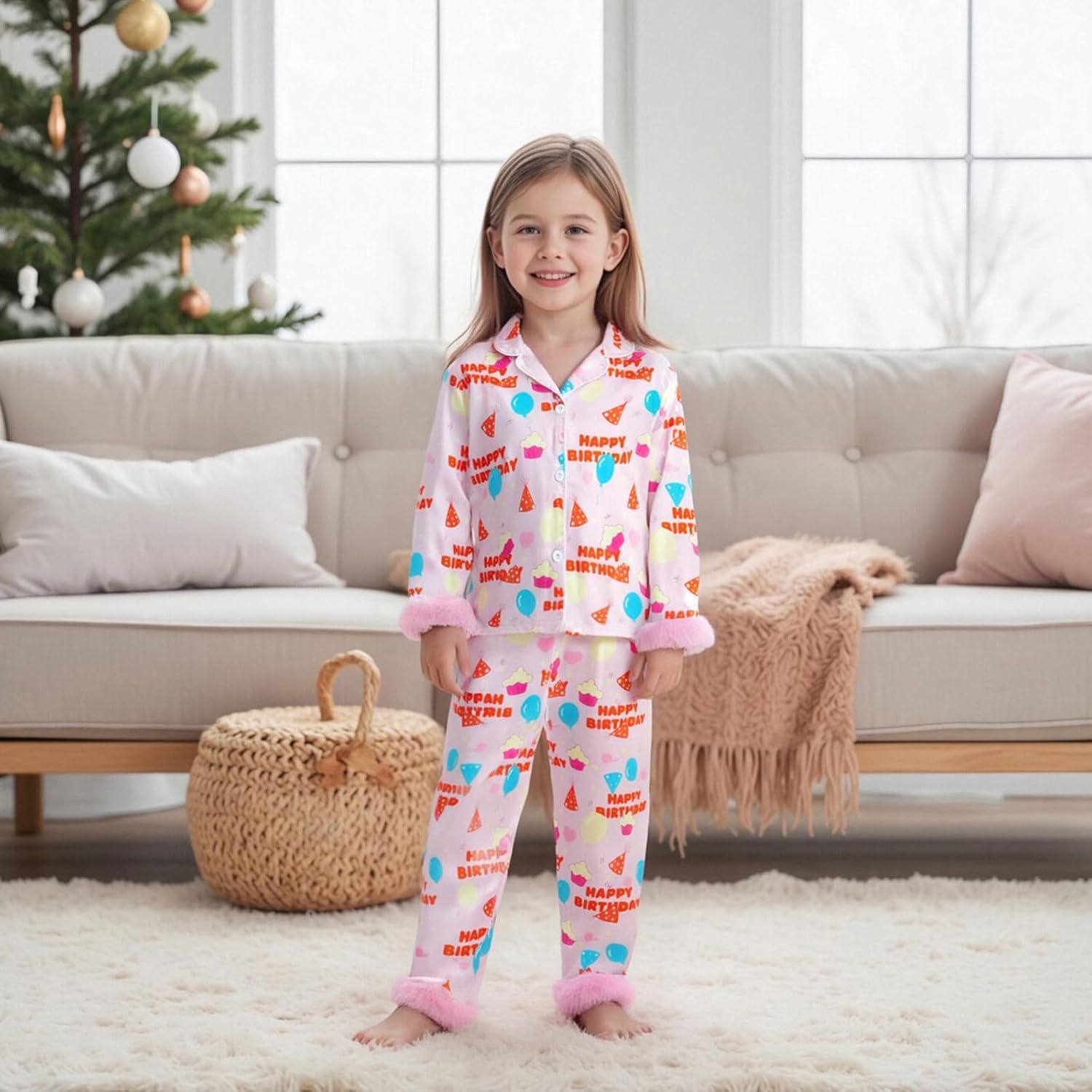 Toddler Girl Birthday Pajamas Silk Stain Pjs Cake Balloons Button Down Shirt 2PCS Sleepwear Set Kids Girls Nightgown - Image 3