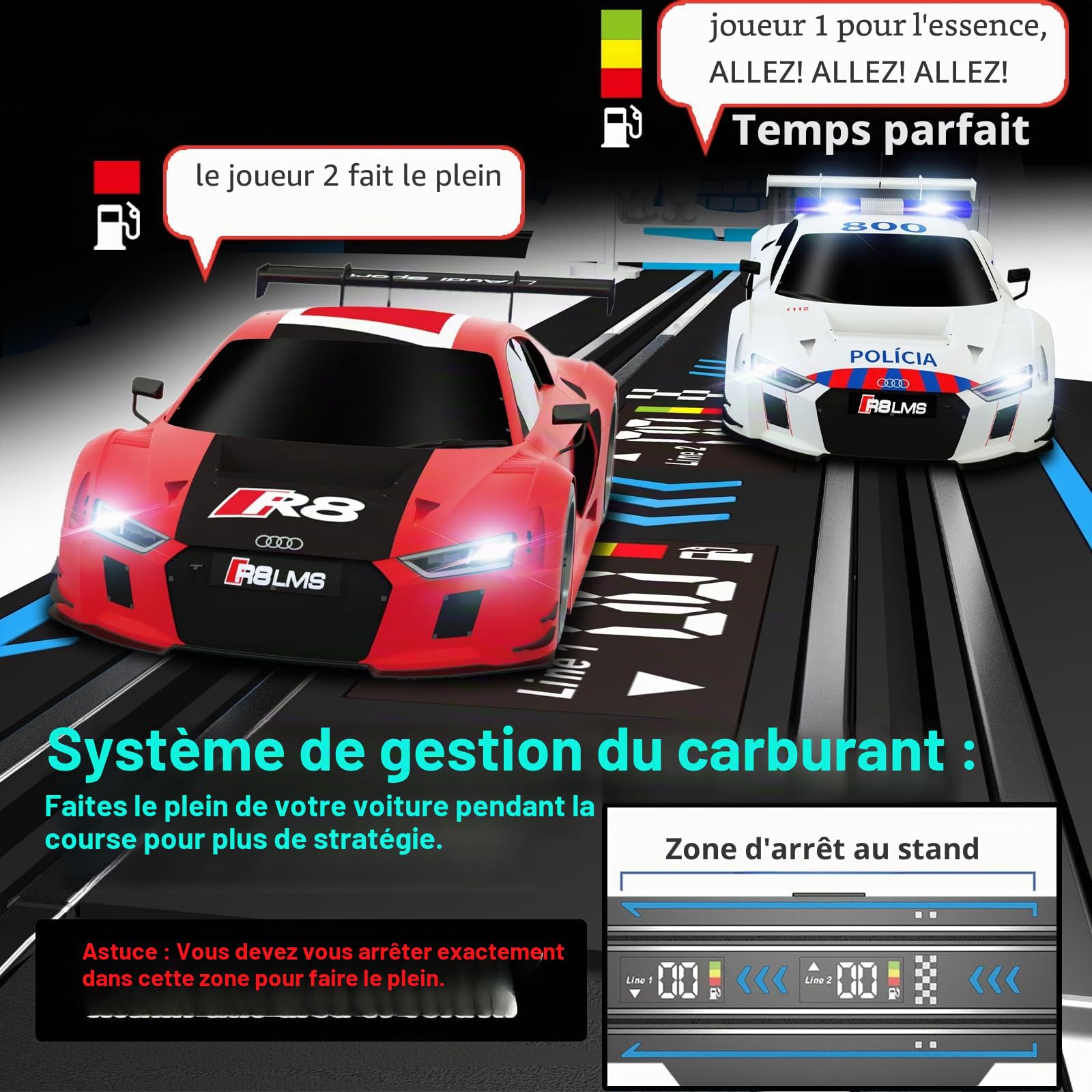 Set de Course de Voitures Slot avec Affichage des Tours à LED, Retour Vocal, 4 Voitures sous Licence, Piste de 13,5 m (44 Pieds), alimenté électriquement ou par Batterie pour Enfants et Adultes