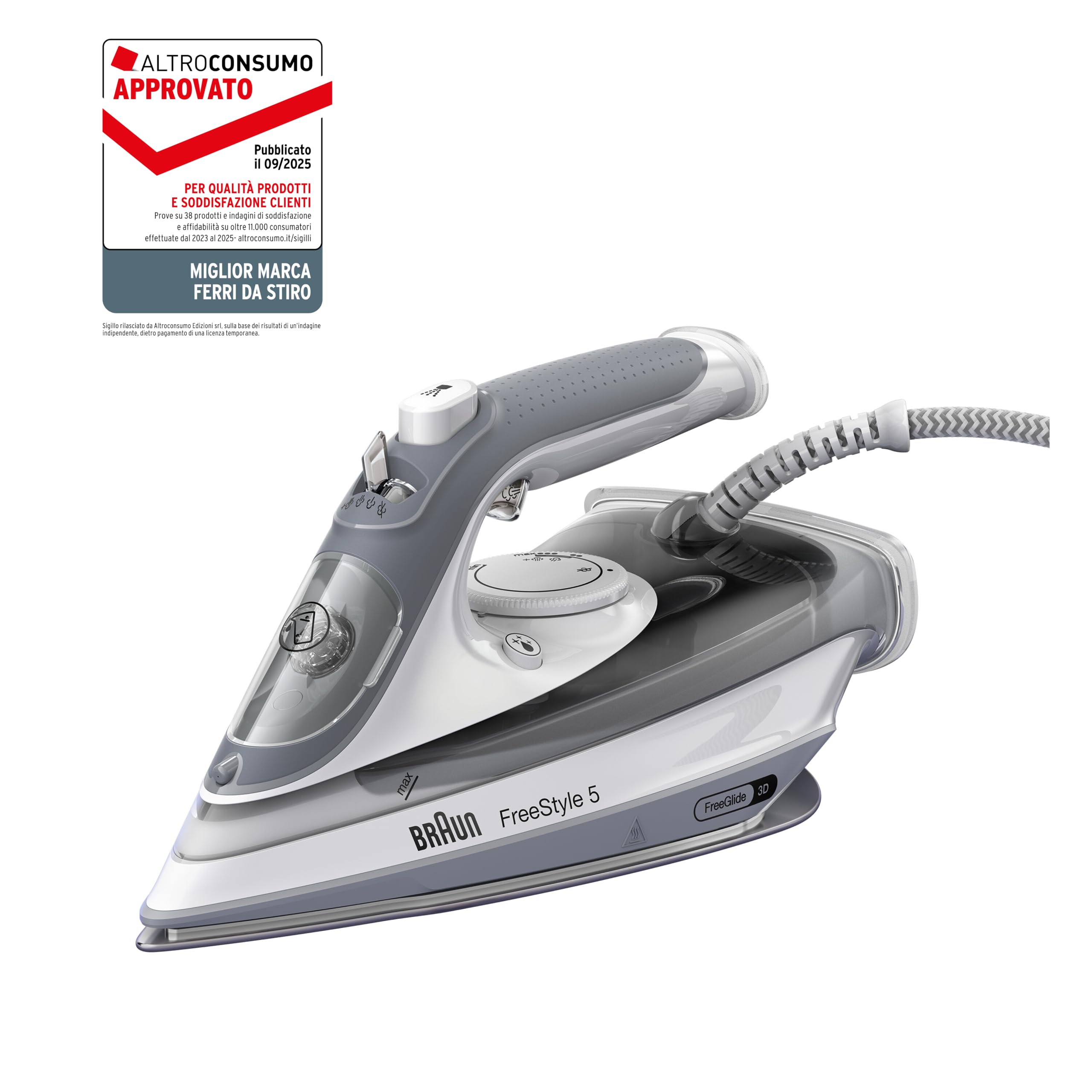 Braun Freestyle 5 – Ferro da Stiro a Vapore con Piastra FreeGlide 3D, Vapore Potente e Funzione Anti-Goccia, Colpo Vapore per Pieghe Ostinate, Serbatoio Ampio, Grigio (SI5078GY)