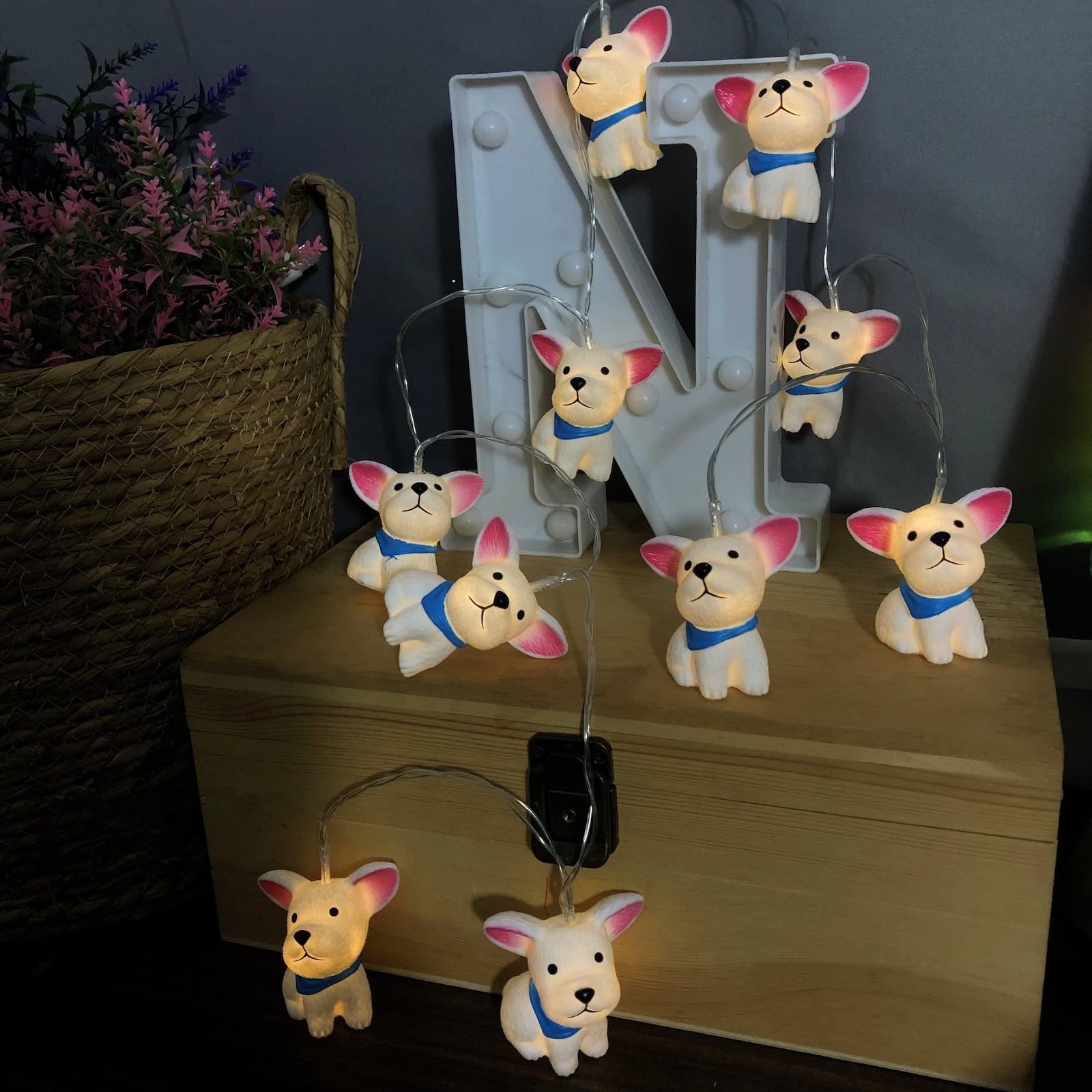 Cadena de luces de 1,65 m, funciona con pilas, con función de temporizador, 10 LED, luz nocturna, cadena de luces para niños, dormitorio, Navidad, Halloween, cumpleaños, decoración (perro