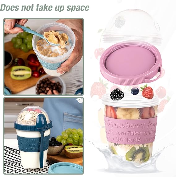 Renkli Take and Go Kaşıklı Hazneli Meyveli Yoğurt Kabı Piknik Iş Atıştırmalık Diyet Müsli Granola Süt Bardağı (4'lü Set 2)
