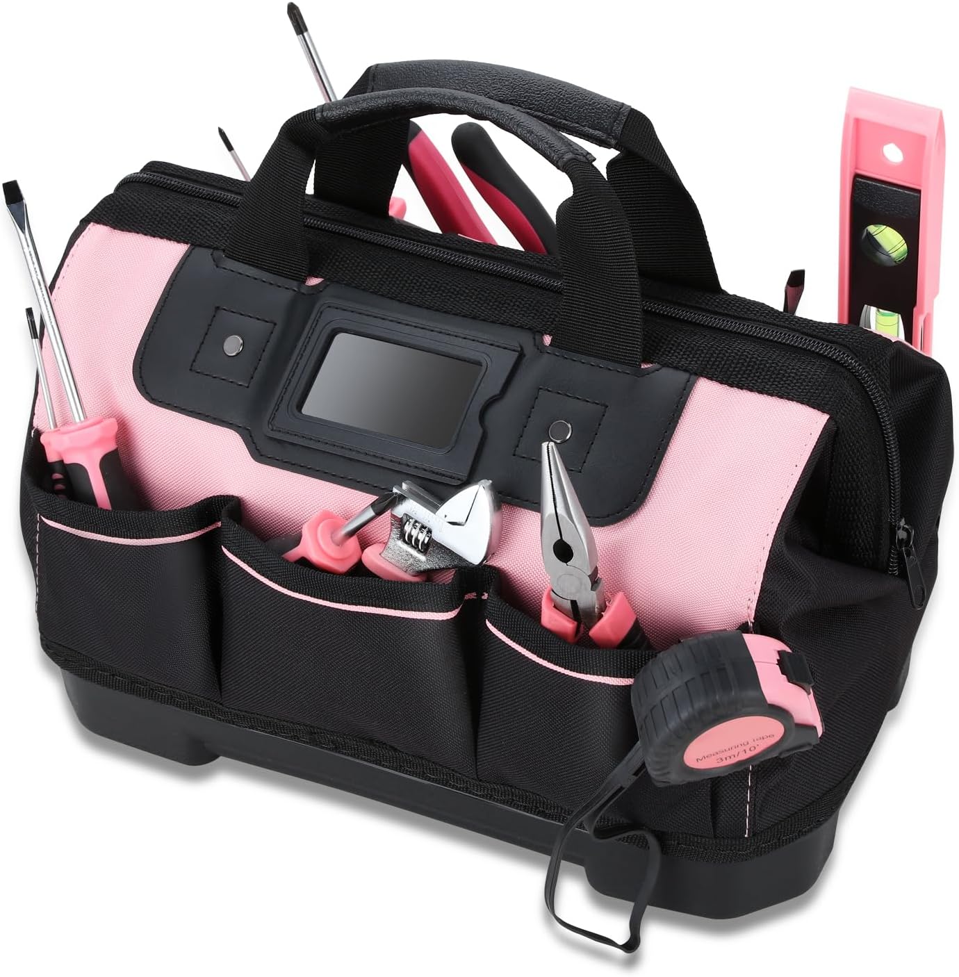 Auto Dynasty 37pcs Tool Bag Household DIY Hand Tool Portable Kit with General Repair Tools, Water Pump Pliers, Hacksaw, and Wide-Open Mouth Canvas Storage Bag, Pink