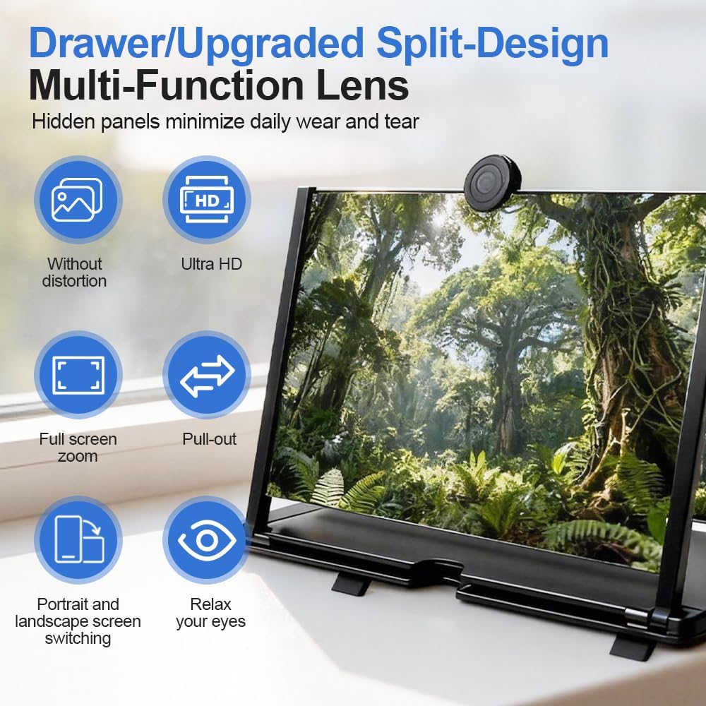 Mobile Phone Magnifier Screen, Screen Magnifier for Cell Phone, 2026 New HD Screen Expander, Portable 3D Magnifying Screen for Elderly, Foldable Stand with Movie Amplifier for Travel (Black, 10 Inch)