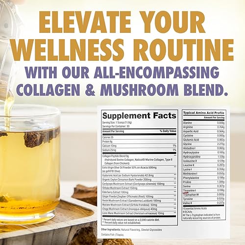 Miniatura 5 de DR. EMIL NUTRITION Polvo de péptidos de colágeno más mezcla de hongos inmunológicos, polvo de colágeno para mujeres con melena de león y polvo de