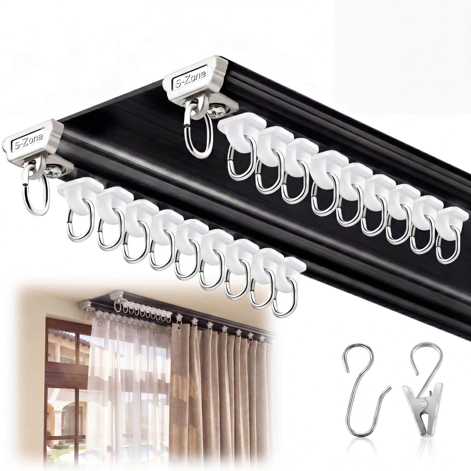 Juexica Ceiling Curtain Double Track Set 3ft-13ft/4 Meter Black Heavy Duty Ceiling Track Room Divider Curtain Double Track Ceiling Mount Adjustable Length Curtain Rails with Clips Hooks End Hook
