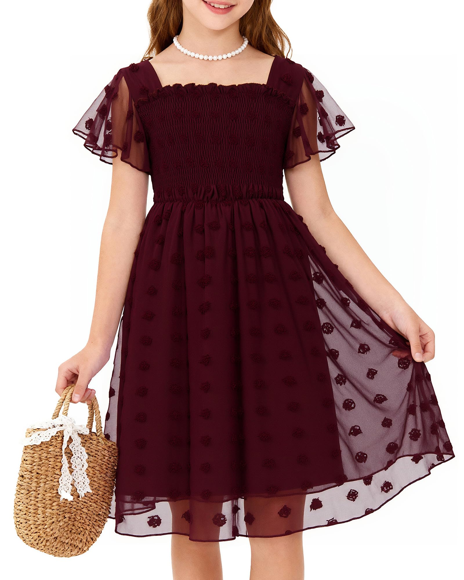 Kids4ever Vestido de gasa para niñas de 6 a 12 años con pompones sólidos y volantes de manga corta para niños con cuello cuadrado