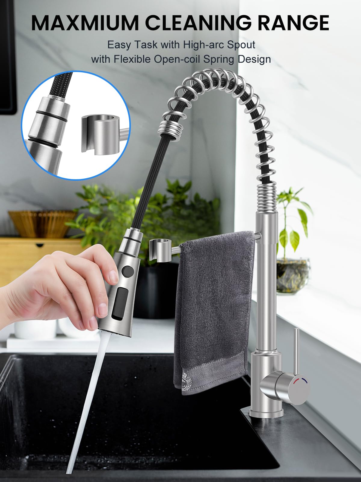 Grifo de Cocina con Ducha Extraíble – Grifo Fregadero de Acero Inoxidable 304, Cabezal de 3 Funciones, Alta Presión, Monomando en Níquel Cepillado