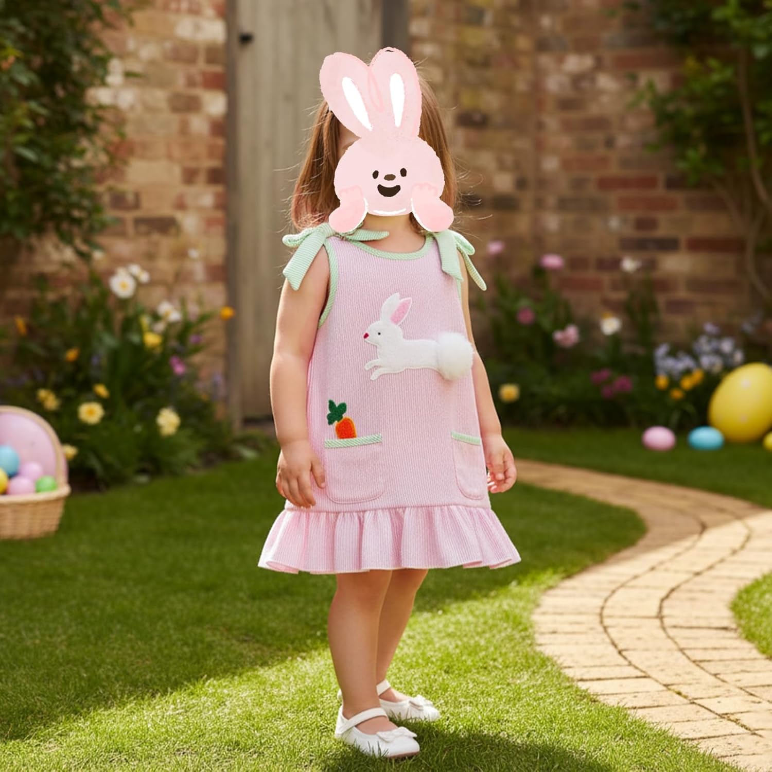 Sasaerucure Infant Toddler Baby Girl Easter Outfit Embroidery Bunny Dress One Piece Sleeveless Pink Ruffle Dress - Image 2