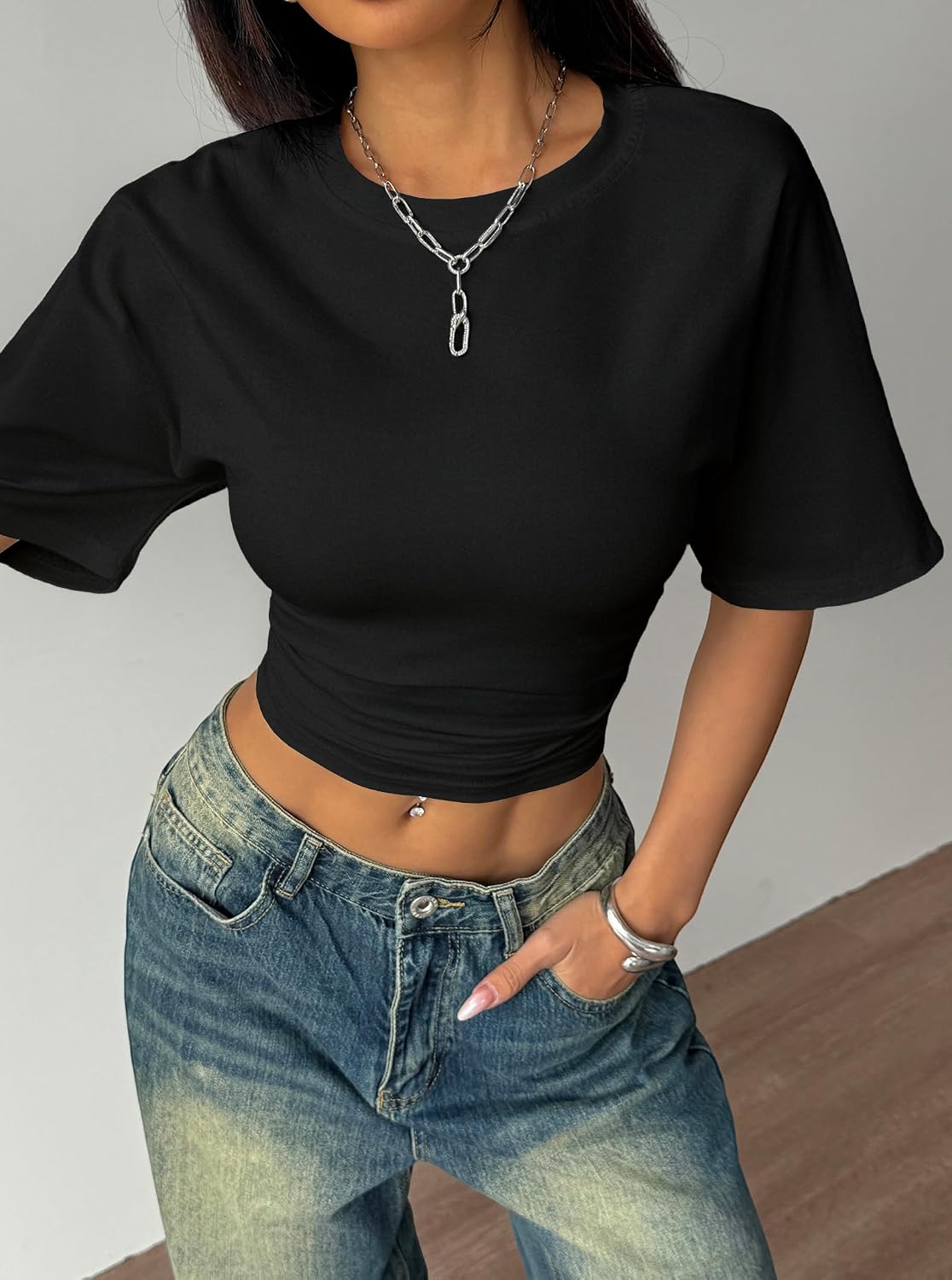 LovelyWholesale Women Ruched Crop Tops Casual Summer Short Sleeve T Shirts