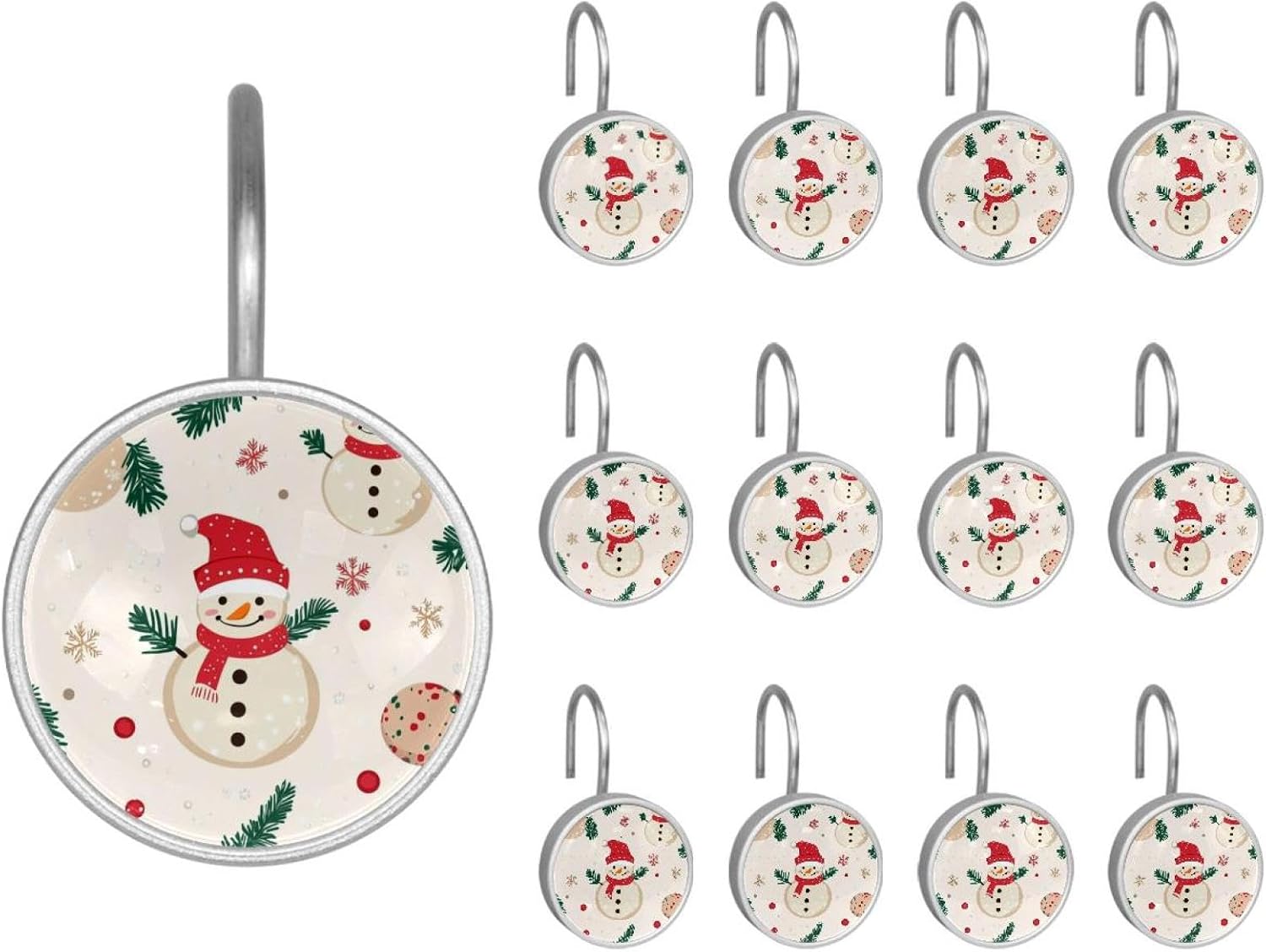 Set of 12 Shower Curtain Hooks, Shower Curtain Rings Crystal Glass Decorative Bathroom Hook, Merry Christmas Snowman