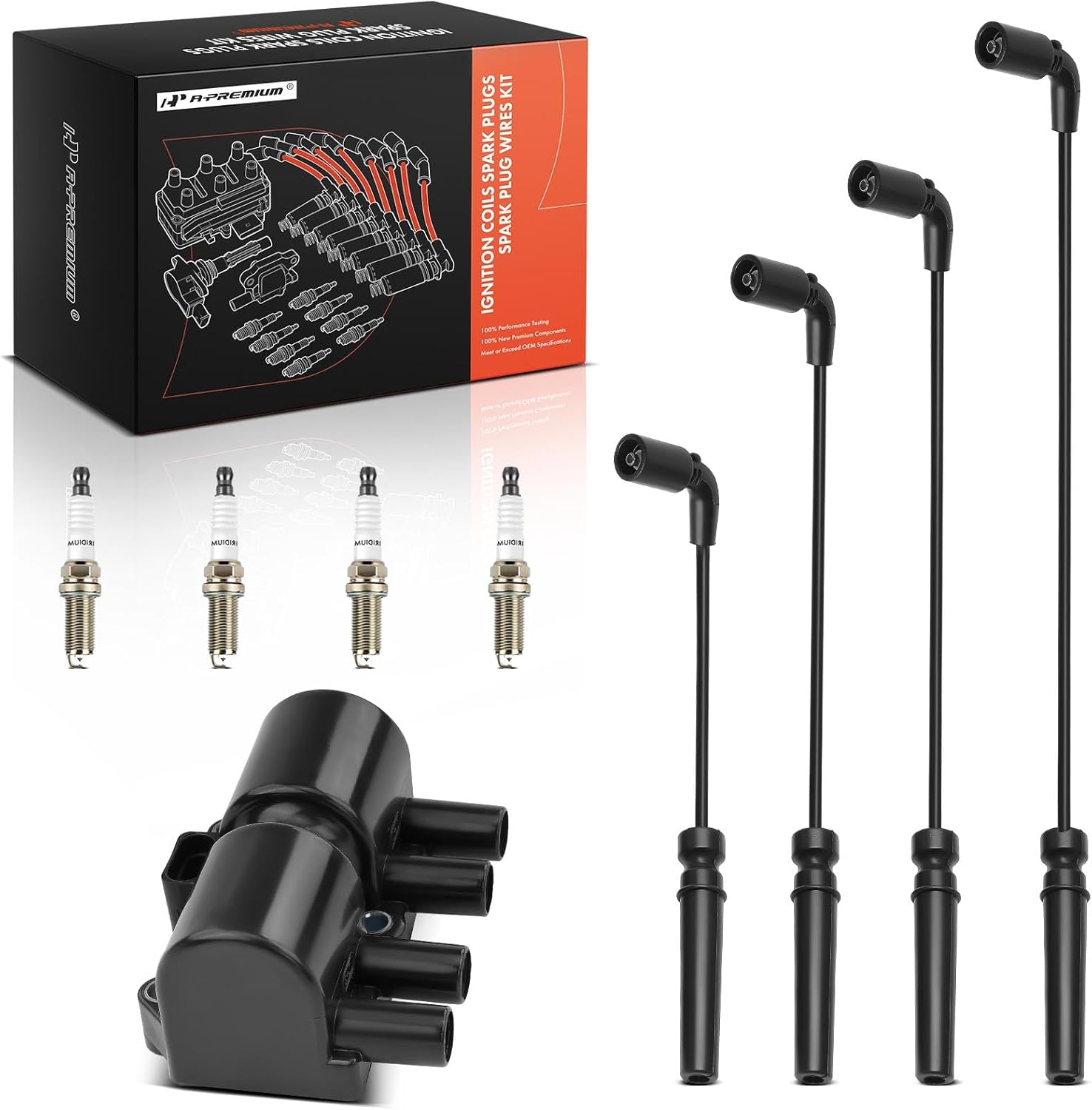 A-Premium 1 Ignition Coils with 4 Wire and 4 Iridium Spark Plugs Compatible with Chevrolet Aveo 2004-2008, Aveo5 2006-2008 & Pontiac Wave 2005-2008, Wave5 2005-2007 & Suzuki Swift+ 2004-2007, 1.6L