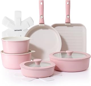 17 Piece Ceramic Pots and Pans Set, Nonstick Detachable Handle Cookware, Induction Kitchen Cookware Set with Removable Handle, Dishwasher ＆ Oven Safe (Pink)