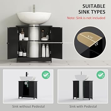 HOMCOM Under Sink Bathroom Cabinet, Pedestal Sink Storage Cabinet with 2 Doors, Shelf and U-Shape, Black