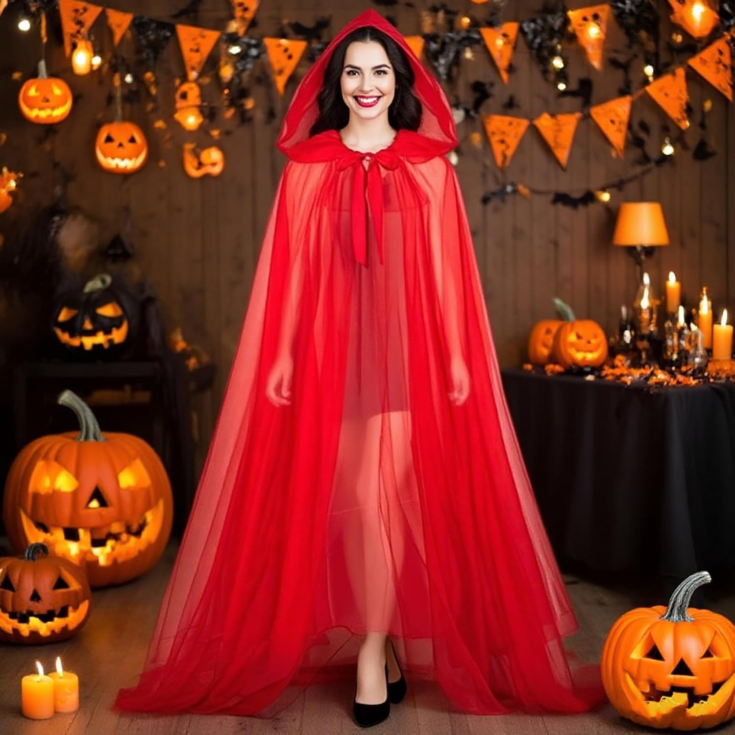 Black Hooded Cloak Adult Sheer Cape Witch Queen Cosplay Costume for Halloween Christmas Renaissance