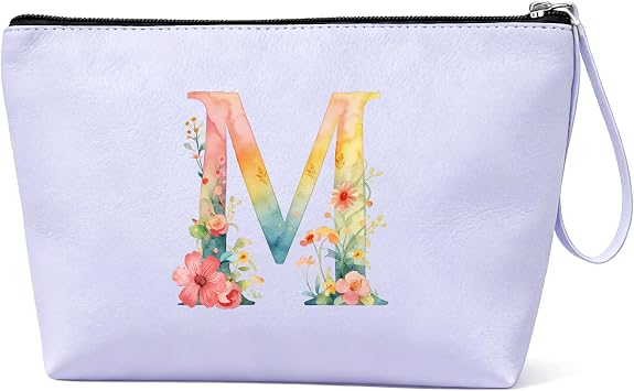Taikuri Initial Makeup Bag Monogram Leather Cosmetic Toiletry Bag Ideal Gift for Bridesmaid & Teenager Girl Women-Purple M