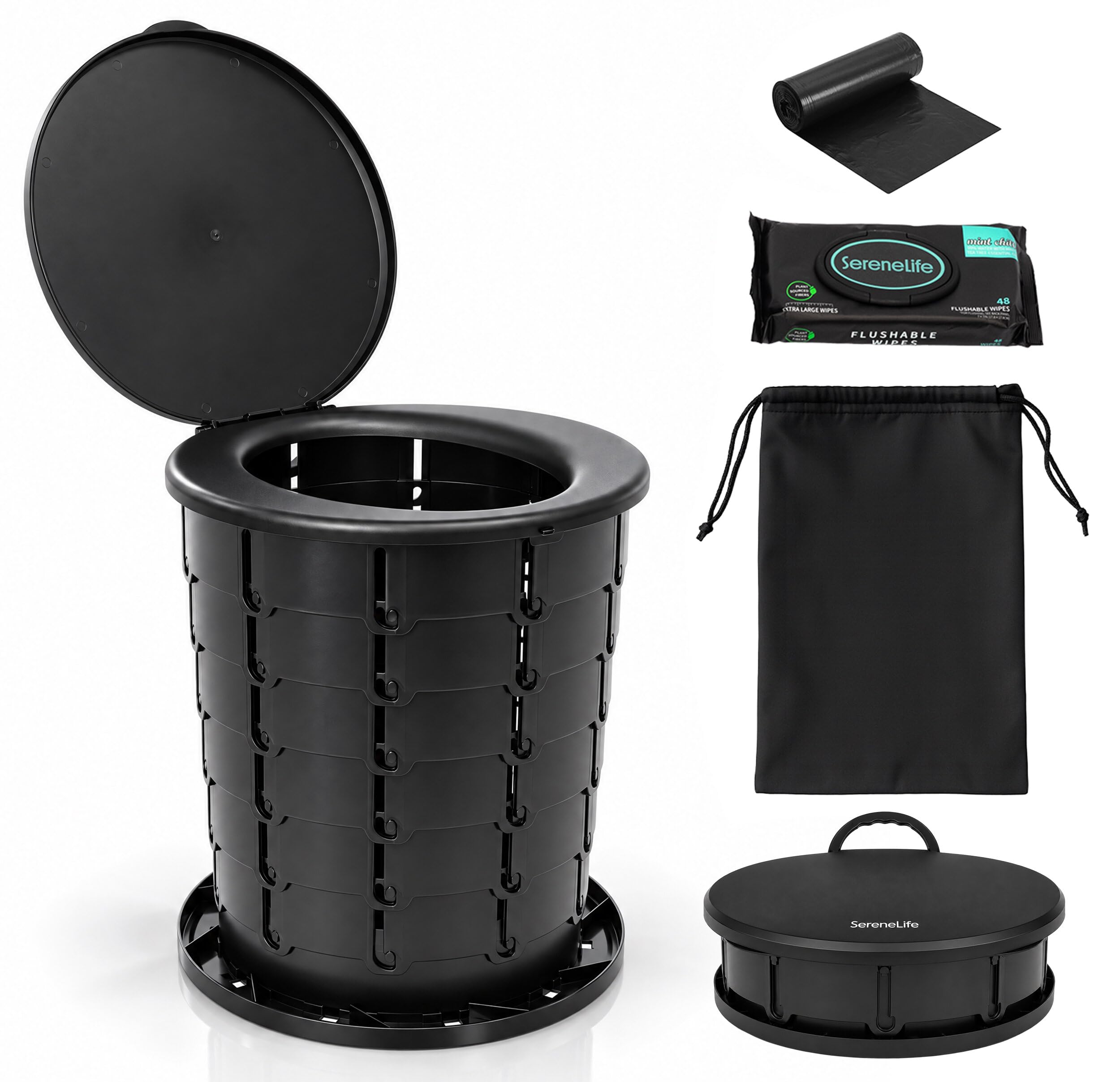 SereneLife Portable Camping Toilet, Adjustable Height Foldable Travel Potty with Lid, Carry Bag, 48 Flushable Wipes &amp; Trash Bags, 330 Lbs Capacity, for Camping, Hiking, Boating &amp; Emergencies