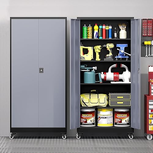 Vista 38 de Gabinete de metal, armario de almacenamiento con bloqueo con 2 puertas y 5 estantes ajustables, gabinetes de acero para herramientas de 72 pulgadas