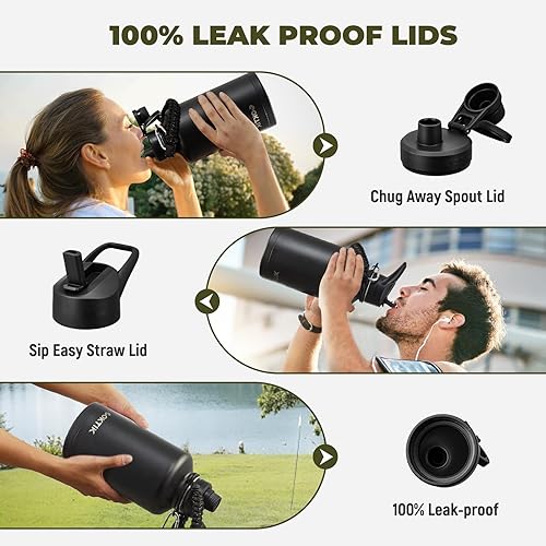 Miniatura 3 de COKTIK Botella de agua deportiva de acero inoxidable de doble pared con aislamiento al vacío de 64 onzas medio galón con 3 tapas reutilizables para