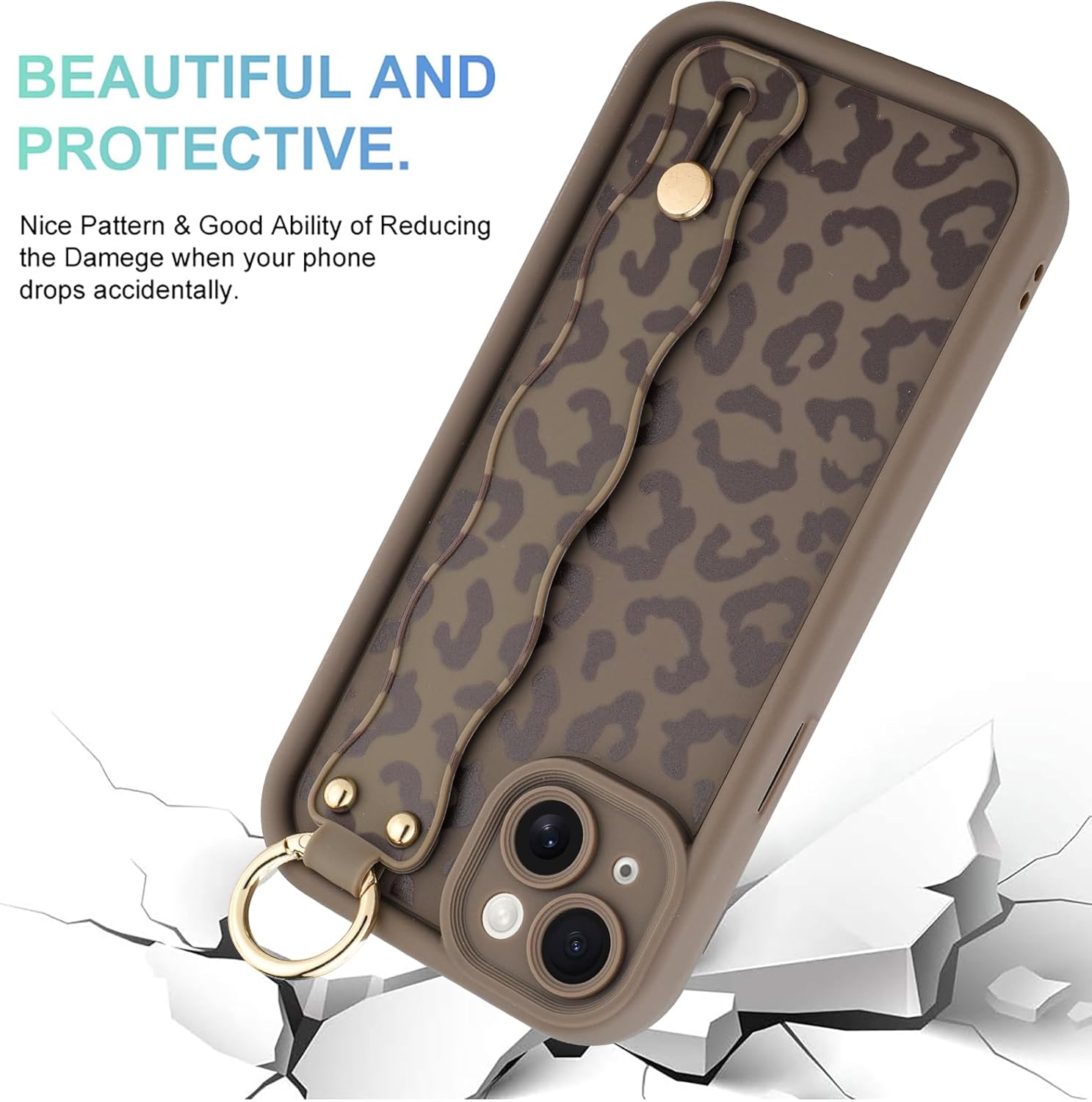 MOWIME Compatible with iPhone 14 Plus Case with Wrist Strap, [Upgraded] Adjustable Wristband Kickstand Case for Women Girls, Cheetah Print Shockproof Silicone Protective Case 6.7 Inch, Brown - Image 2