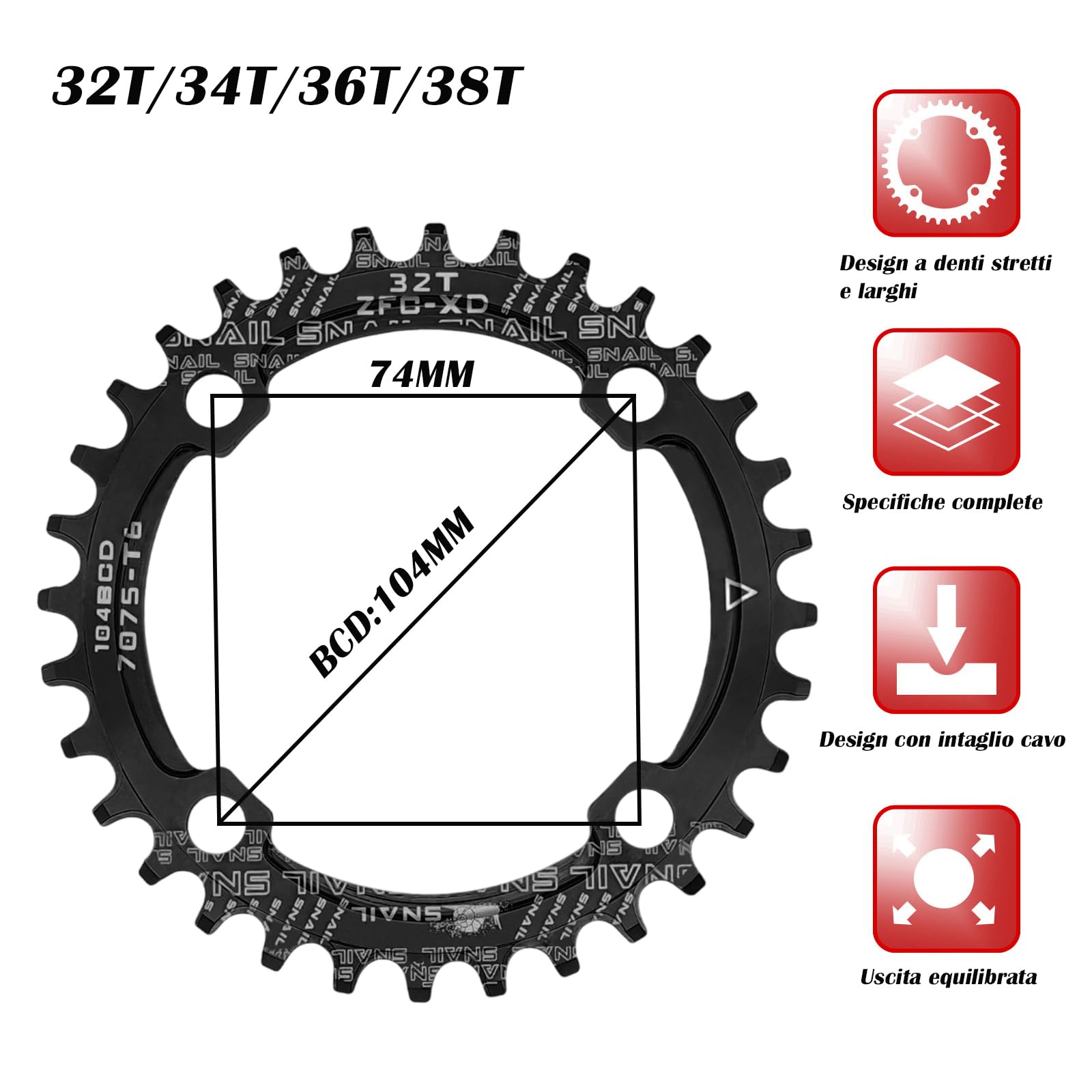 Corona Catena MTB 34T 104bcd Stretto Largo In Alluminio 7075-T6 – DECKAS Rosso Blu