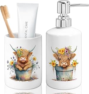 Ceramic Highland cow soap dispenser and toothbrush holder