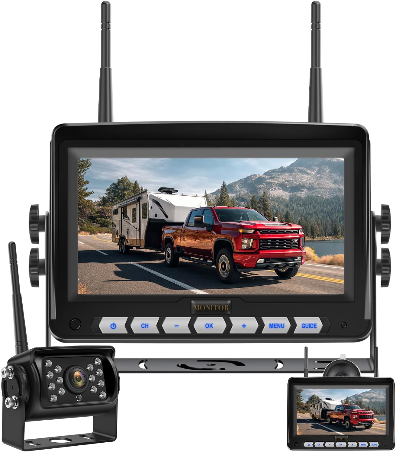 Wireless RV Backup Camera 7" 1080P Monitor DVR, Compatible with Furrion Pre-Wired, IP69K Waterproof Rear View Cam for Travel Trailer Truck Camper 5th Wheel, 4-CH Split Screen, Night Vision