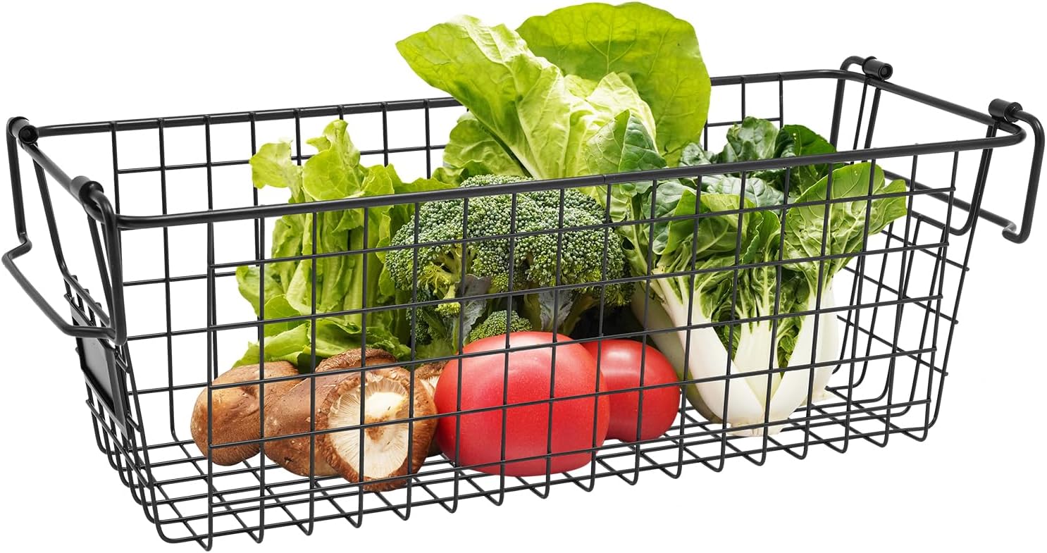 4 Pack Freezer Storage Baskets, Stackable Vegetable Storage Baskets with Handles, Heavy Duty Metal Basket Organizer, Wire Freezer Bins for Deep Freezer, Pantry, Kitchen Countertop Storage, Black