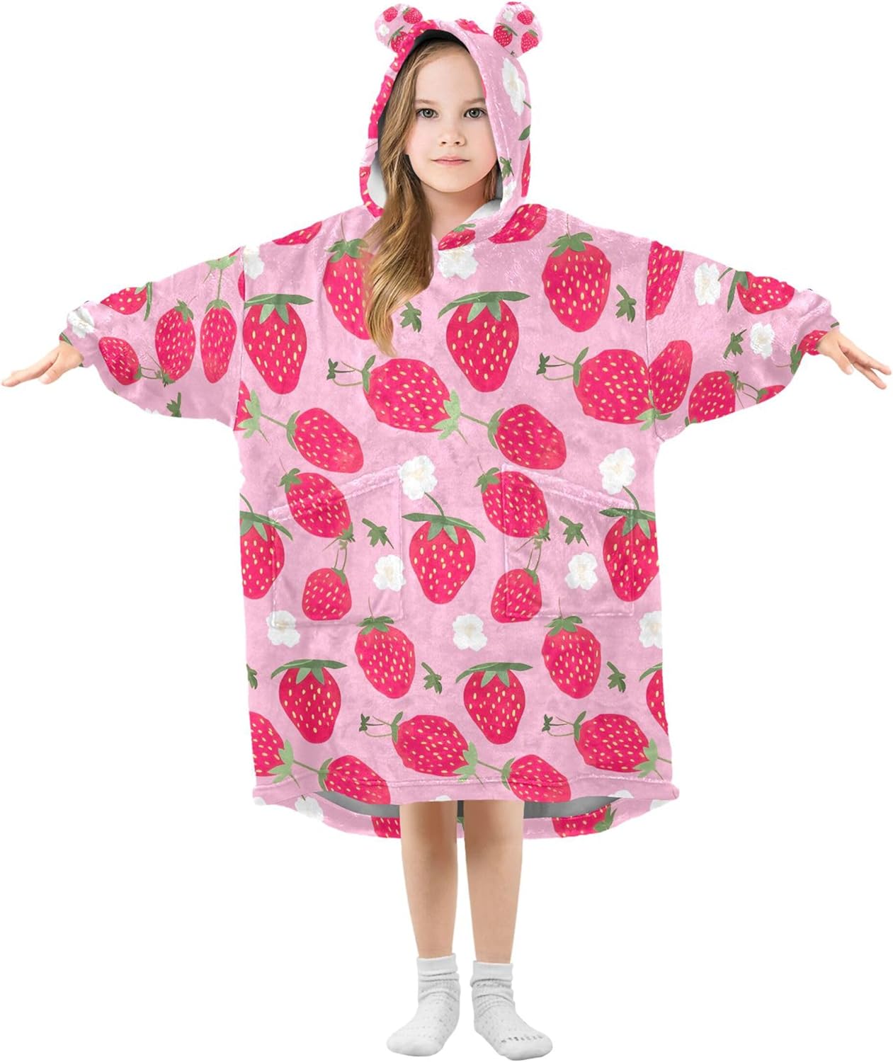 Strawberry Fruit Kids Wearable Blanket Hoodie with Pocket and Sleeves for Toddlers, Cute Hoodies Girls Boys B0403721