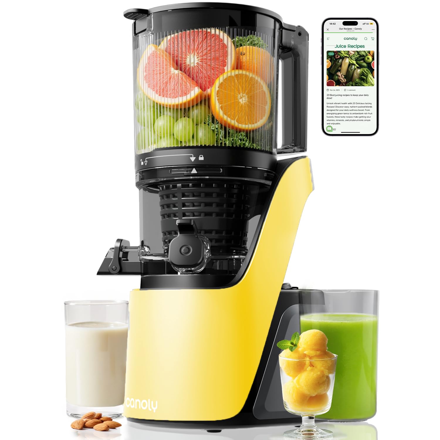 Canoly Extracteur de jus avec Extra Large Goulot (150 mm) et Tamis 3-en-1 pour Jus, Sorbets et Lait Végétal - Moteur AC Traite les Fruits/Légumes Entiers - Sans BPA