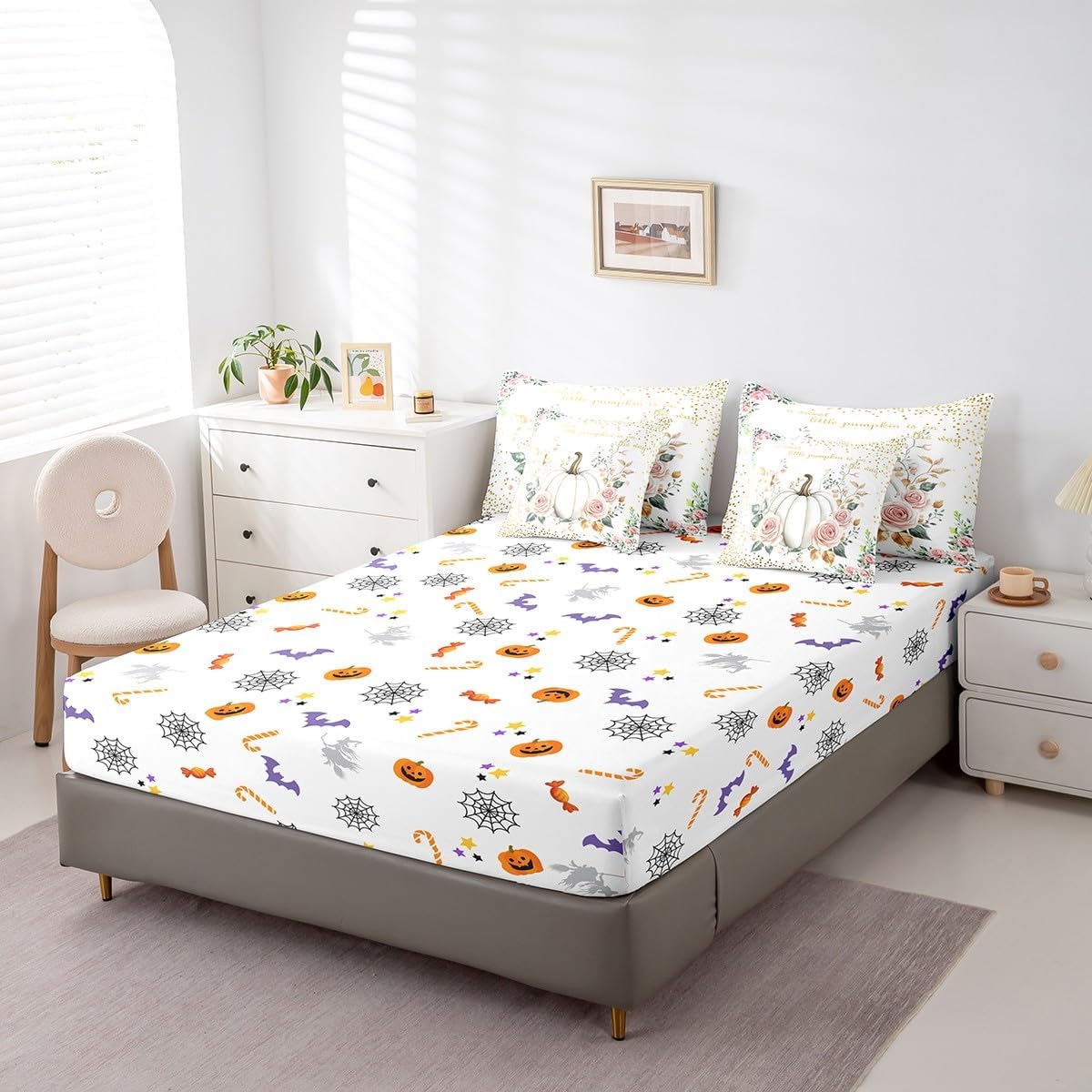 Erosebridal 7 Piece Fall Pumpkin Harvest Comforter Set Twin Size, Kids Happy Thanksgiving Bed in A Bag Pink Rose Flower Bedding Set Rustic Farmhouse Autumn Maple Leaf Sheet Set with Comforter