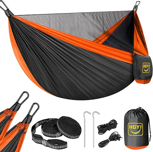 Camping Hammock, Portable Hammocks with Mosquito Net，Hammock with 10ft Tree Straps，Double Hammock for Backpacking Outdoor Travel Beach Yard -Black&Orange