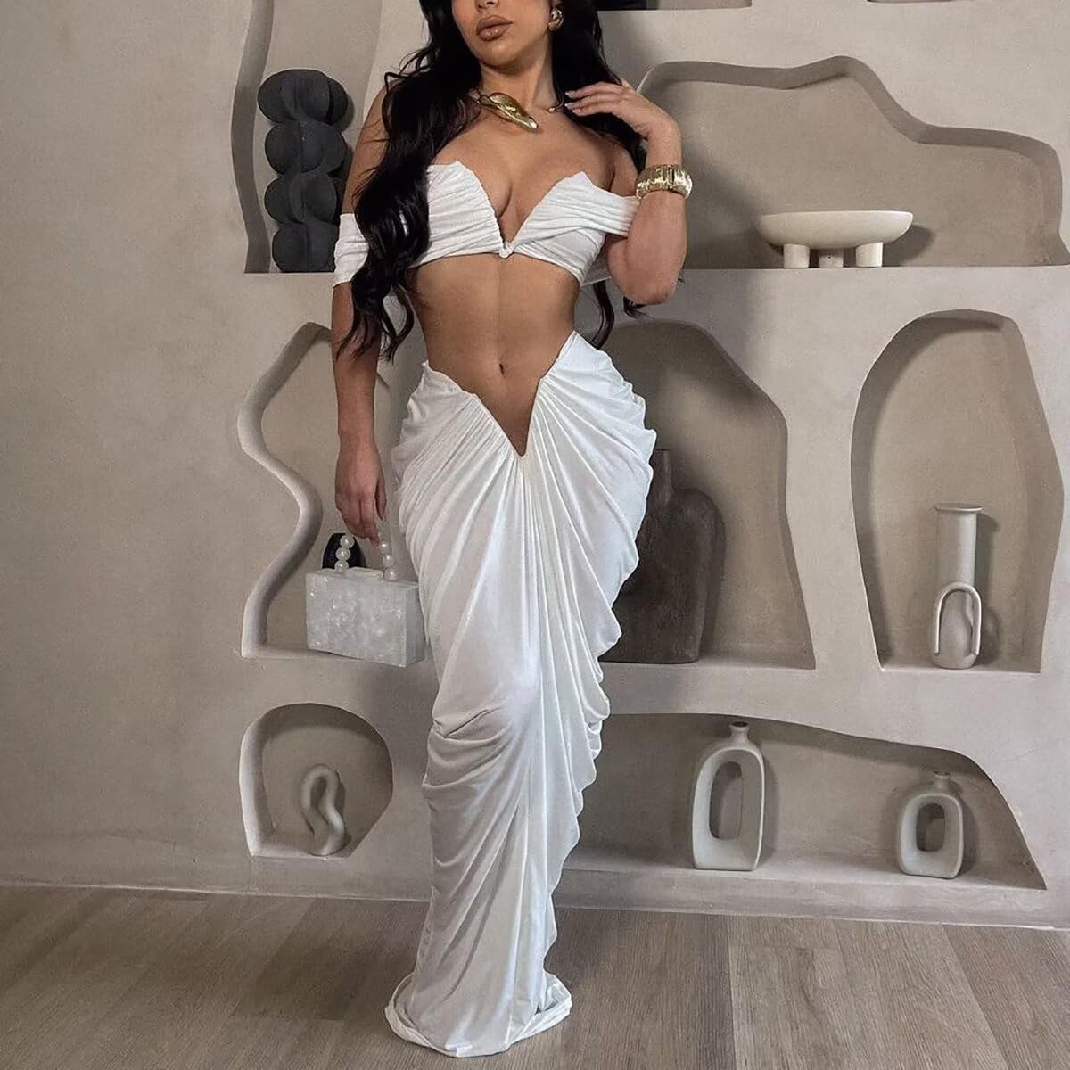 Womens Sexy Tube Tops and Ruched Pleated Skirts 2 Piece Sets Party Club Suits