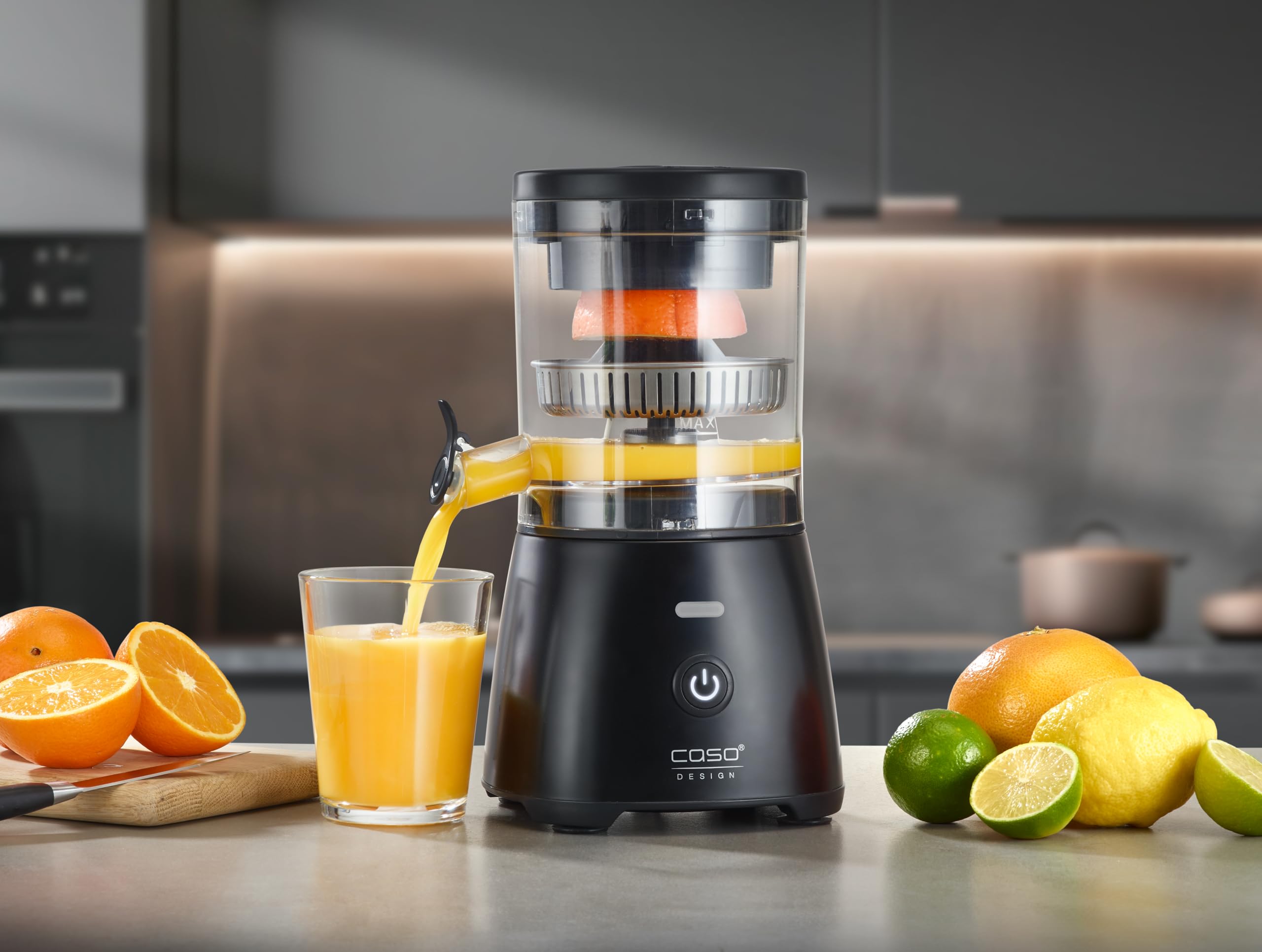 CASO CP 400 Lift - Presse agrume electrique avec cône universel pour oranges et agrumes, 300 W, anti-éclaboussures, extraction élevée du jus, pieds à ventouse, sans BPA, compatible lave-vaisselle
