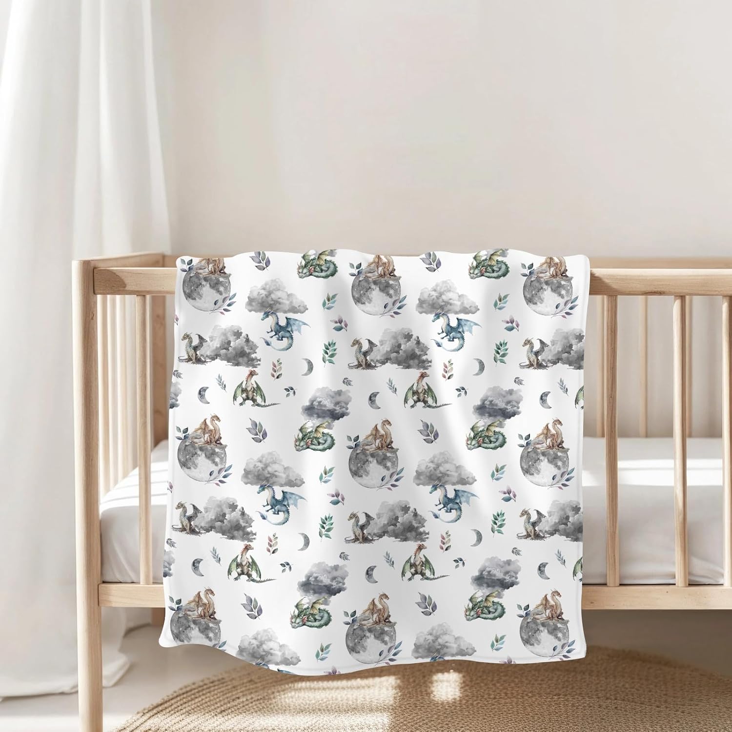 Watercolor Dragons Baby Blankets for Boy Girl Fairytale Dragon Wings Leaves Soft Flannel Nursery Bed Blankets for Infant Toddler Crib Stroller Dragon Moon Clouds Swaddle Receiving Blanket 60x80