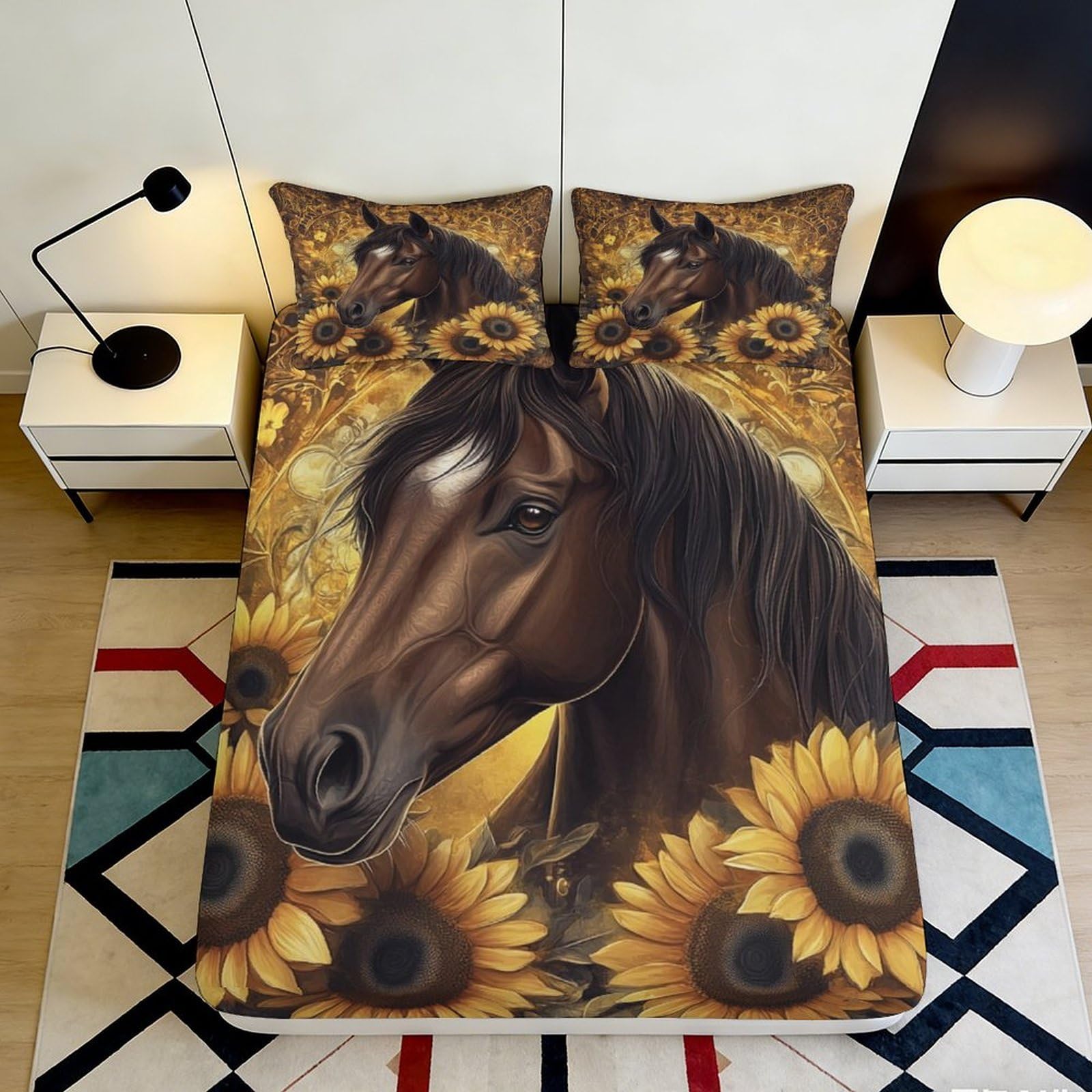 3D Printed Horse and Sunflower Fitted Sheet Microfiber Soft Breathable Floral Bed Cover for Bedroom Dormitory Guest Room Mattress Protection Decor 120x200x25cm