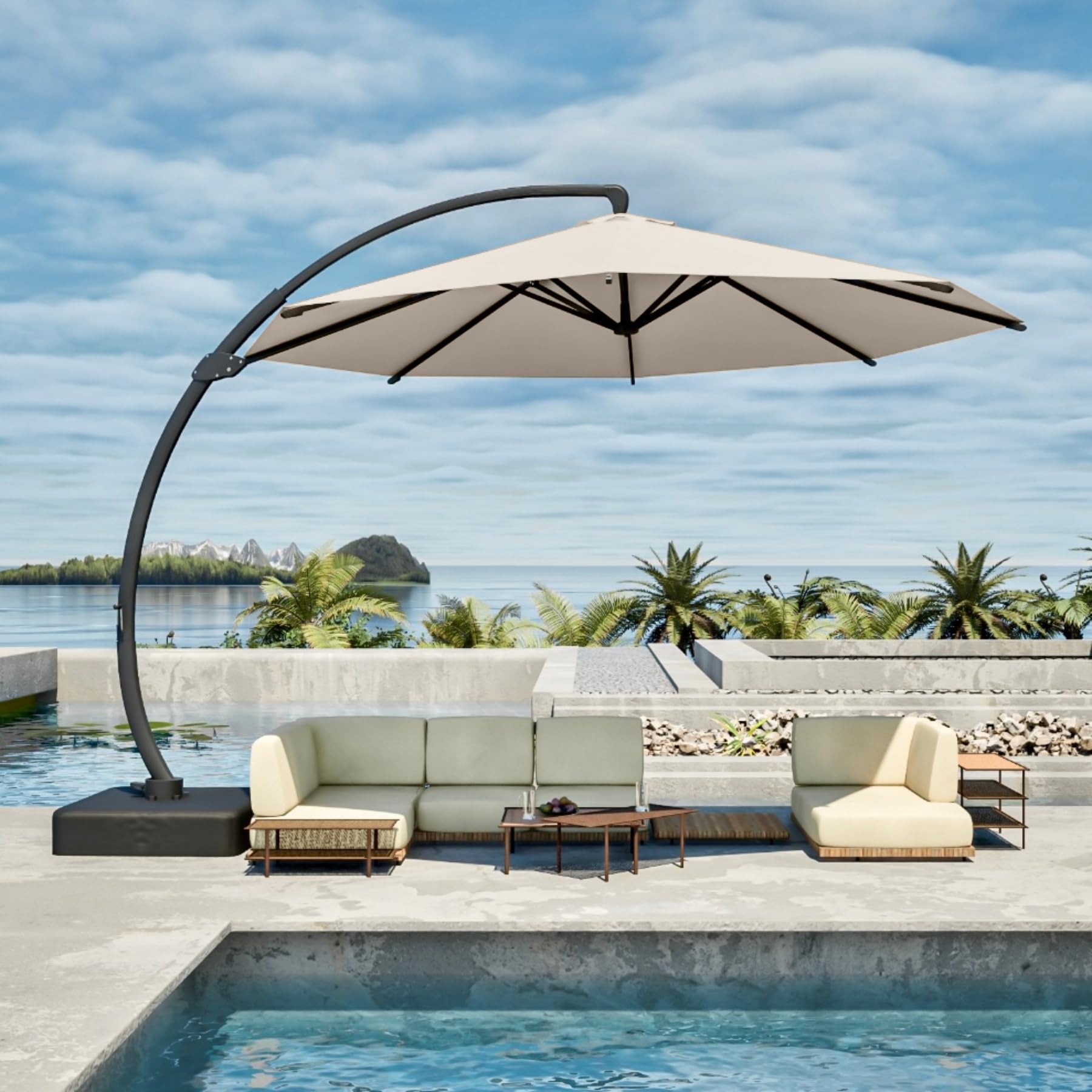 Patio Kingdom 11FT Cantilever Umbrella with Base Large Curvy Outdoor Aluminum Offset Umbrella w/ 360° Rotation, UV Resistant Canopy for Patio, Garden, Backyard, Beige : Patio, Lawn & Garden