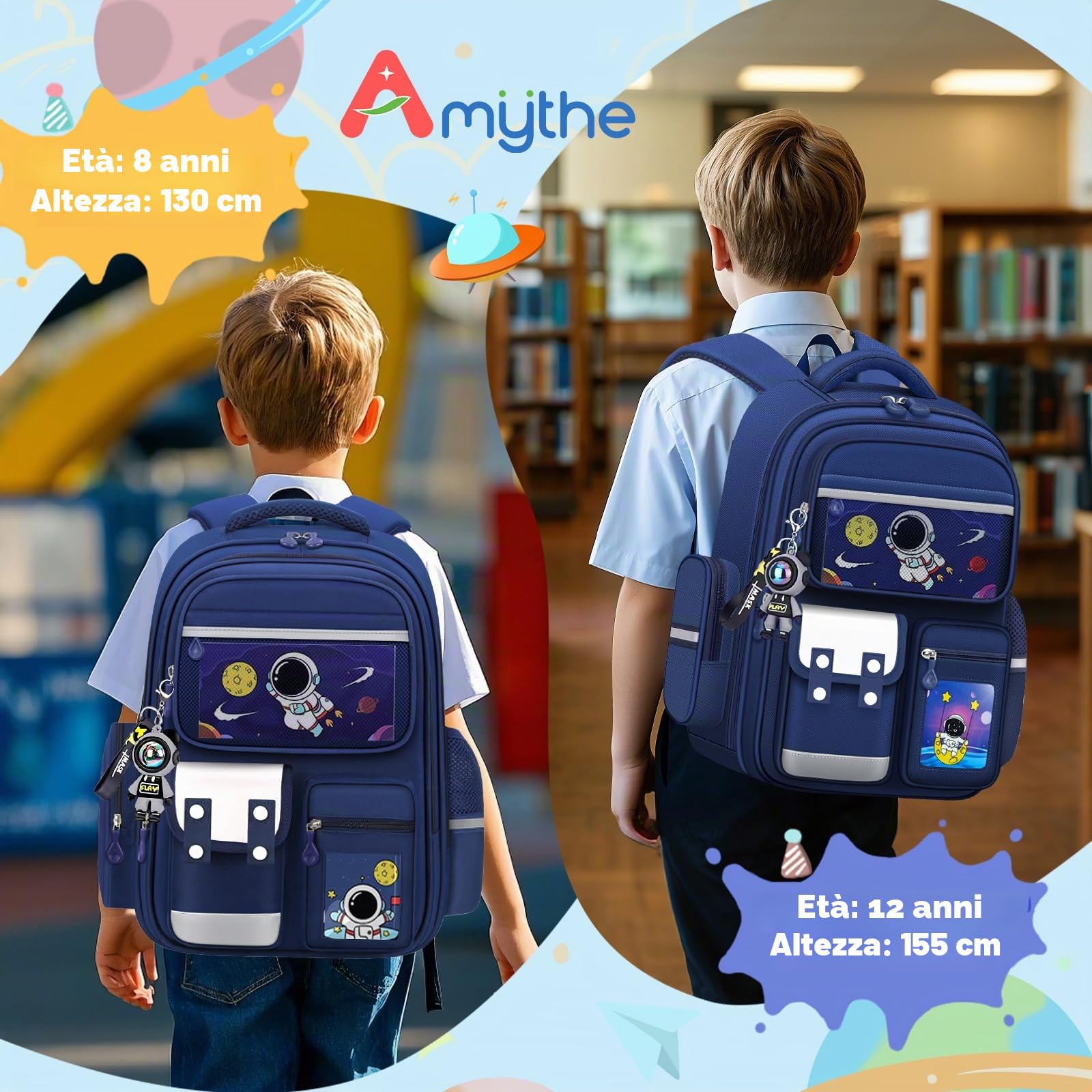 Amythe Zainetto per Ragazzi, Zaino Bambino Scuola Elementare con Molteplici Scomparti e Strisce Riflettenti, Zaini Elementari per Bambini dai 8 ai 12 anni per Scuola o Viaggio, Blu
