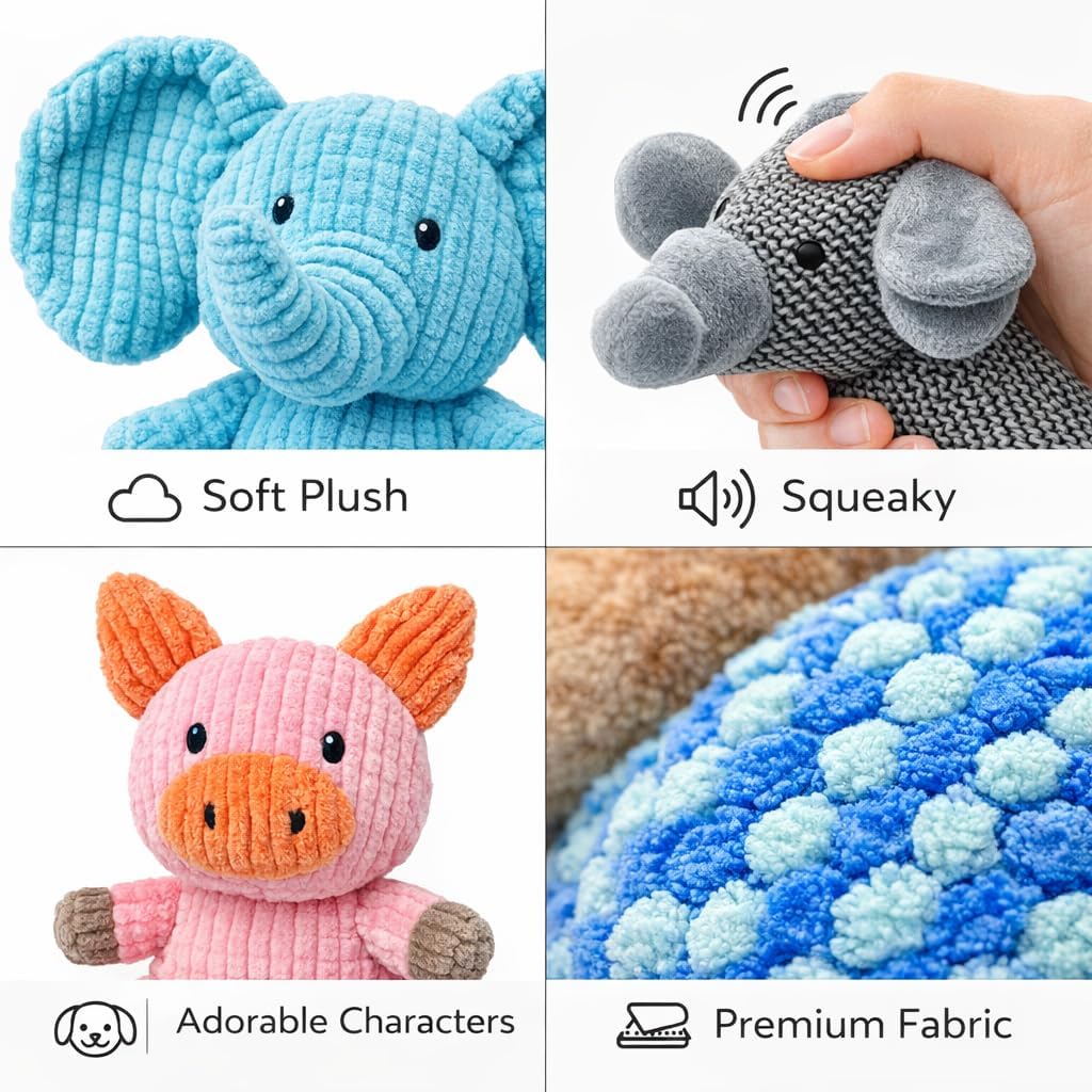 Plush Dog Toy Set – 5 Pack Squeaky Soft Toys for Small & Medium Dogs, Elephant, Pig, Duck & Bone, Interactive Chew Toys, Puppy Play Set