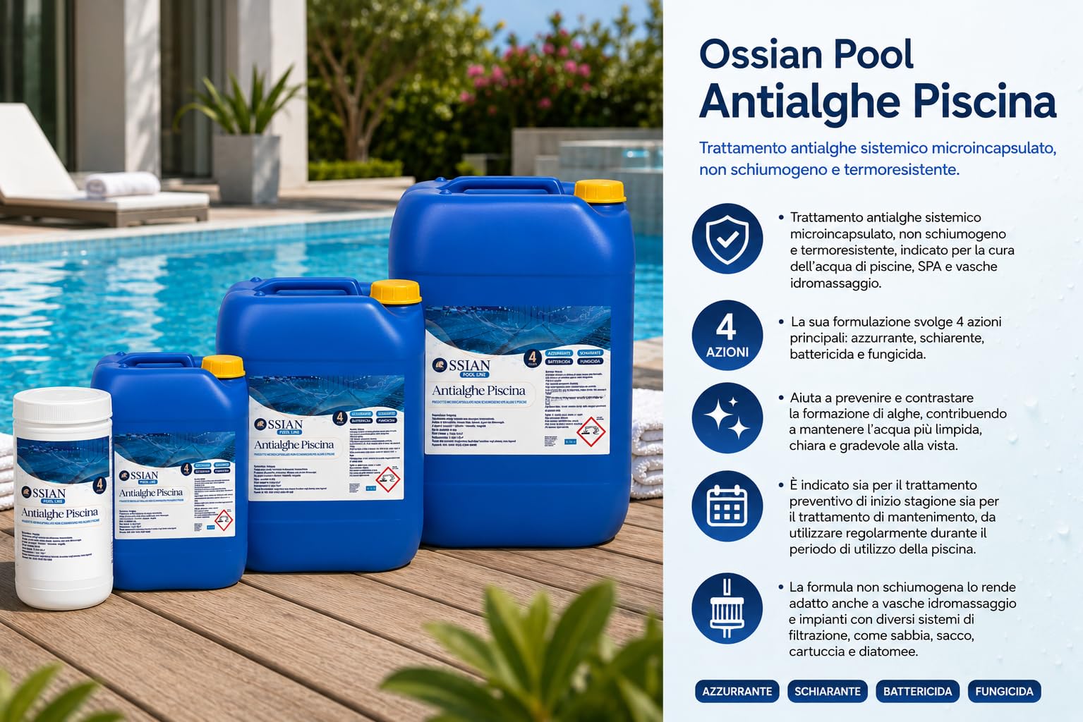 Ossian Pool Antialghe Piscina, Alghicida Sistemico Microincapsulato 4 Azioni, Non Schiumogeno, Termoresistente, Azzurrante e Schiarente per Piscine, SPA e Idromassaggio (25 Kg, 25000, millilitro, 1)
