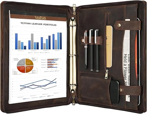 Miniatura 8 de YLYYHH Carpeta portafolio de 3 anillos, carpeta de cuero para zurdos, carpeta con cremallera para mujeres, organizador de cuero para hombres (marrón