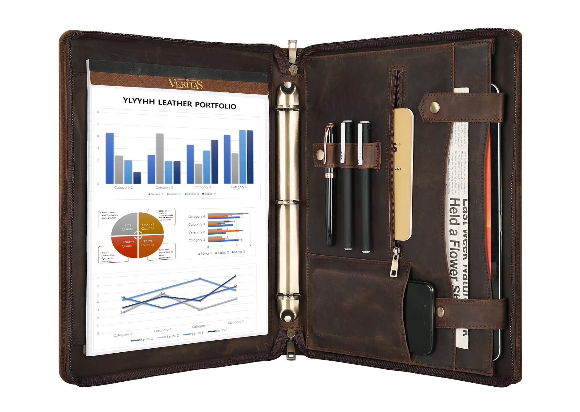 YLYYHH Portfolio Binder 3 Ring, Leather Binder Portfolio Folder for Left-Handed, Zippered Portfolio Padfolio Binder for Women, Leather Portfolio Organizer for Men (Dark Khaki, Non-Custom)