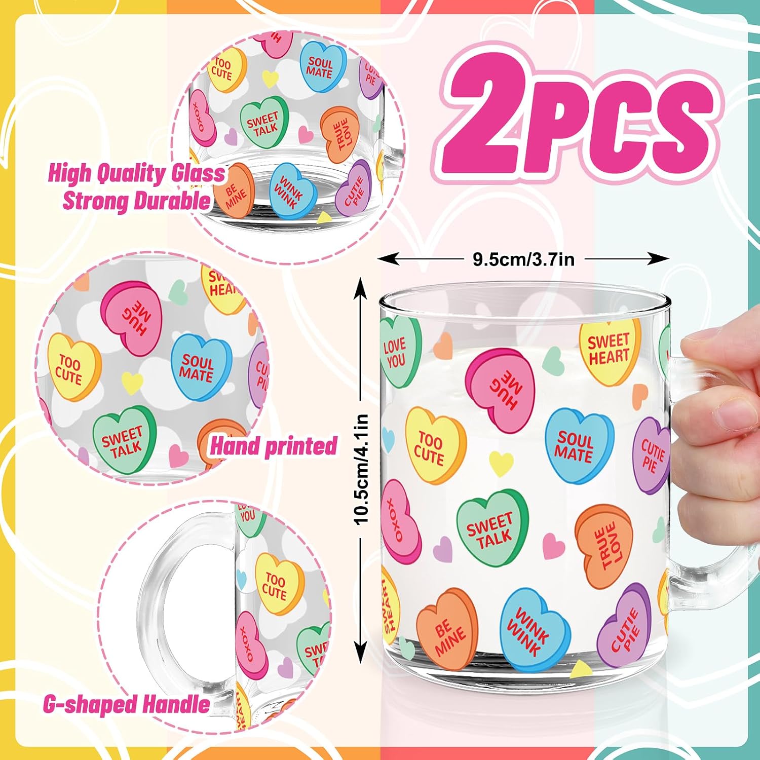 FYSUIMU 2Pcs Valentine Glass Coffee Mugs with Handle 12oz Colorful Conversation Heart Coffee Cups Beverage Drinking Glasses for Wedding Birthday Home Decor