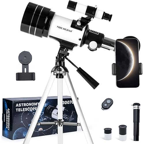 FREE SOLDIER Telescope for Kids 70mm Aperture Astronomical Refractor Telescopes for Beginners (15X-150X) 300mm Telescope for Adults High Powered with A Phone Adapter & A Wireless Remote (White)