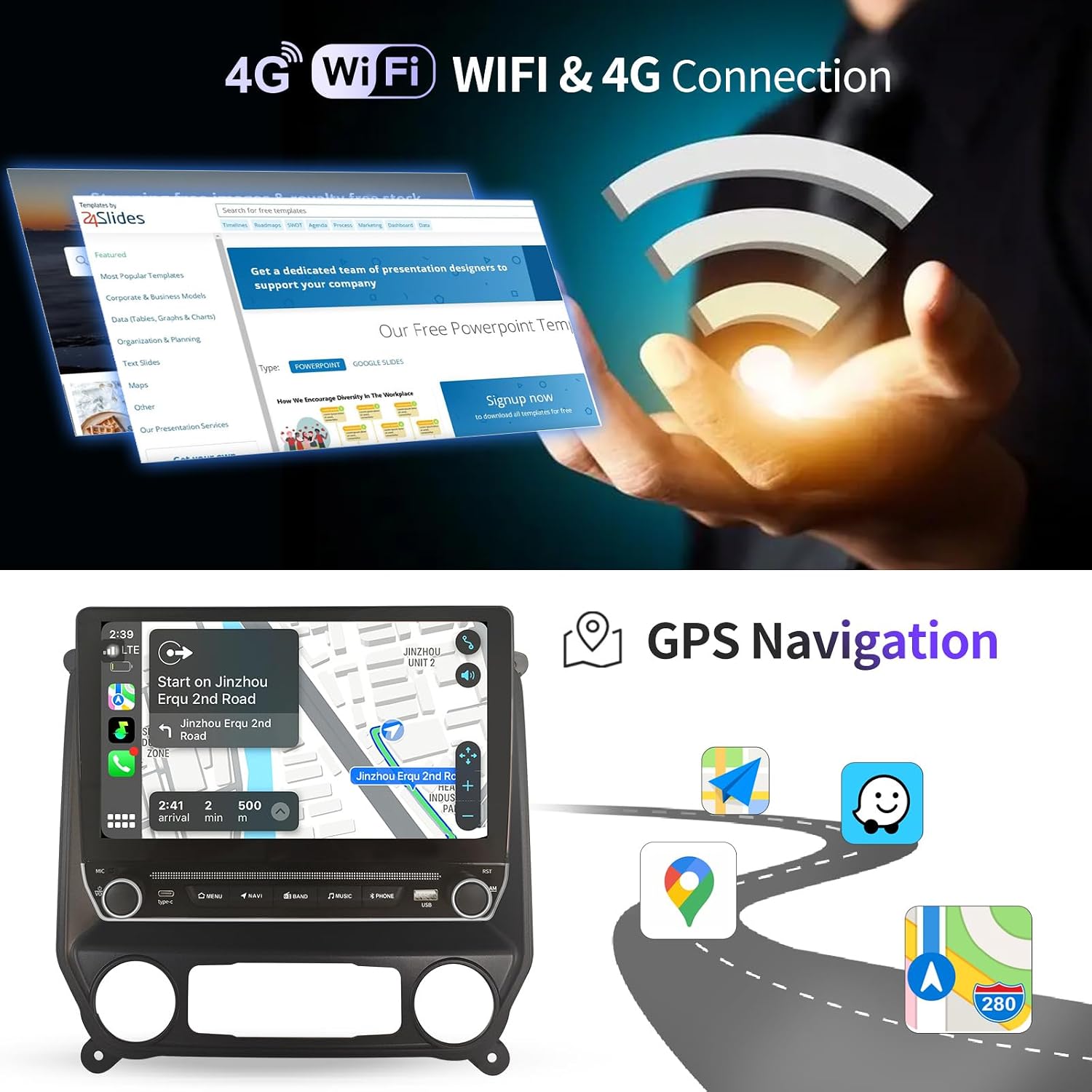 Car Radio for Chevrolet Silverado GMC Sierra 2014-2019 Stereo Replacement with Wireless Carplay Android Auto 10.1 inch Touch Screen Head Unit with GPS Bluetooth 4G WiFi DSP SWC FM/AM/RDS Backup Camera
