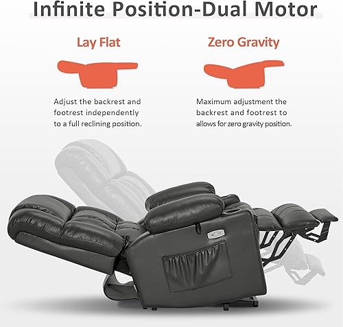 Miniatura 137 de MCombo Silla reclinable eléctrica de doble motor para personas mayores, silla elevadora plana con calor y masaje, portavasos, puertos USB, piel