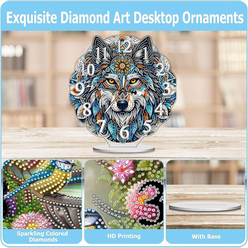 Sulunmo DIY Diamond Art Painting Kit Desk Tabletop Clock Craft Diamond Drill Art Kit for Home Decor Decoration, Creative Gift with Special Shaped Drills(Indian Wolf Glow-in-The-Dark Hands-77)