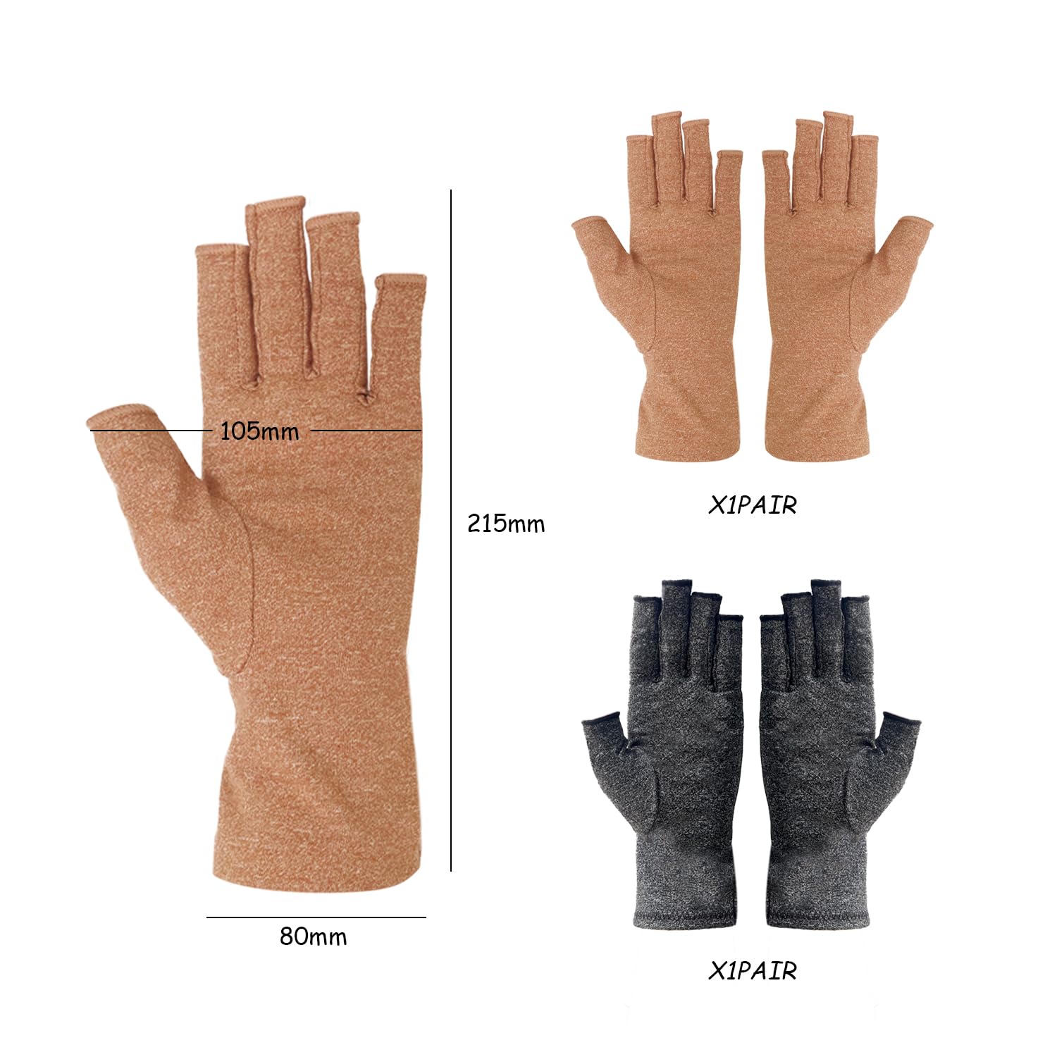 2 Paia Guanti Antidolorifici A Mezze Dita - Compressione Per Artrite E Dolori Articolari - Grigio E Kaki, Taglia M