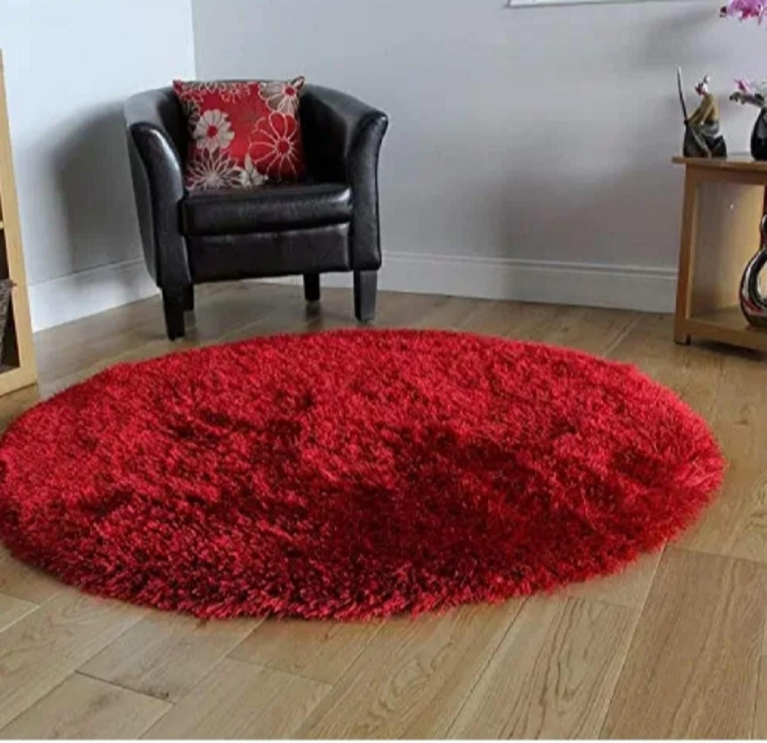 FR Creations Modern Polyester Anti Slip Round Shaggy Fluffy Fur Rug and Carpet for Living Room, Bedroom,Offices, Kitchens(5x5 Feet)-Red