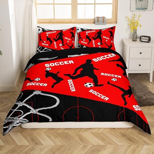 Erosebridal Juego de funda de edredón de fútbol para niños y adolescentes, juego de ropa de cama de fútbol americano rojo y negro, funda de edredón